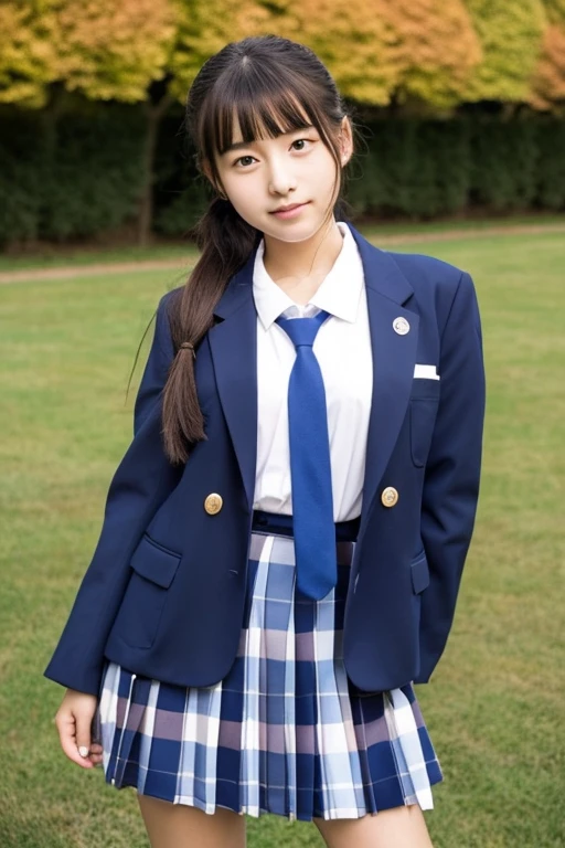 Beautiful Japanese high school sophomore, 　height: 153 cm 、82、58、82 　ＤShapely breasts with cups　Baby Face　Smkin　Shiny chestnut ponytail　Chic navy blue blazer、On a white blouse、Grade Pleated Skirt、Red ribbon tie、White loose socks、Full-body image of a person in uniform wearing black loafers