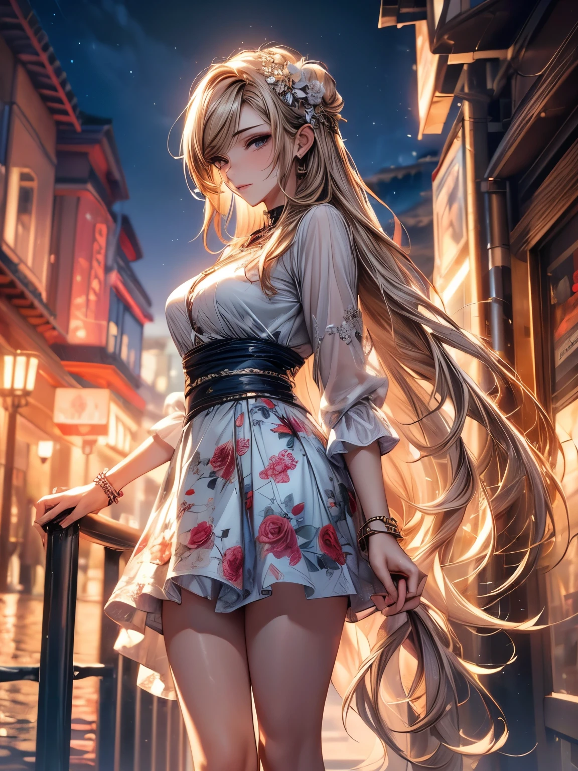 ((best quality, 8k, masterpiece: 1.3)), 1 Girl, Slim beauty: 1.3, (Long hair: 1.2), Floral Skirt, Long legs: 1.1, Super delicate face, Beautiful eyes, Double eyelids, outdoor, Octane Render