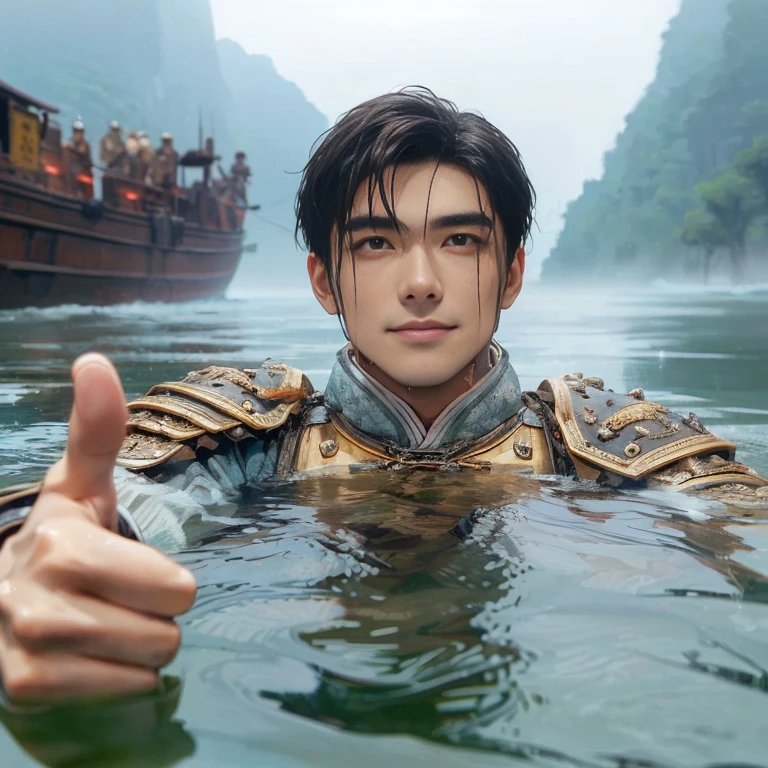 (Best Quality:1.2), (high resolution:1.2), (beautiful face and eye:1.5), (sharpest focus:1.2), (Ultra-realistic Photo:1.2), (Ultra-precise Photo:1.2), (Depth of field:1.2), (8k high resolution:1.2). (perfect anatomy:1.2), 
(nice hands:1.5), (perfect hands:1.5), (One drowning Chinese man:1.2), (Very young and beautiful Chinese man:1.0), (Smiling thumbs up in a state of resignation:1.2), (Looking up angle:1.2), 
(Chinese warrior in very light clothing, beaten up:1.0), (Majestic Chinese river:1.0), (Cynical smile:1.0), (Giant battleship:1.0), (Mars shining reddish-red in the night sky:1.2), 