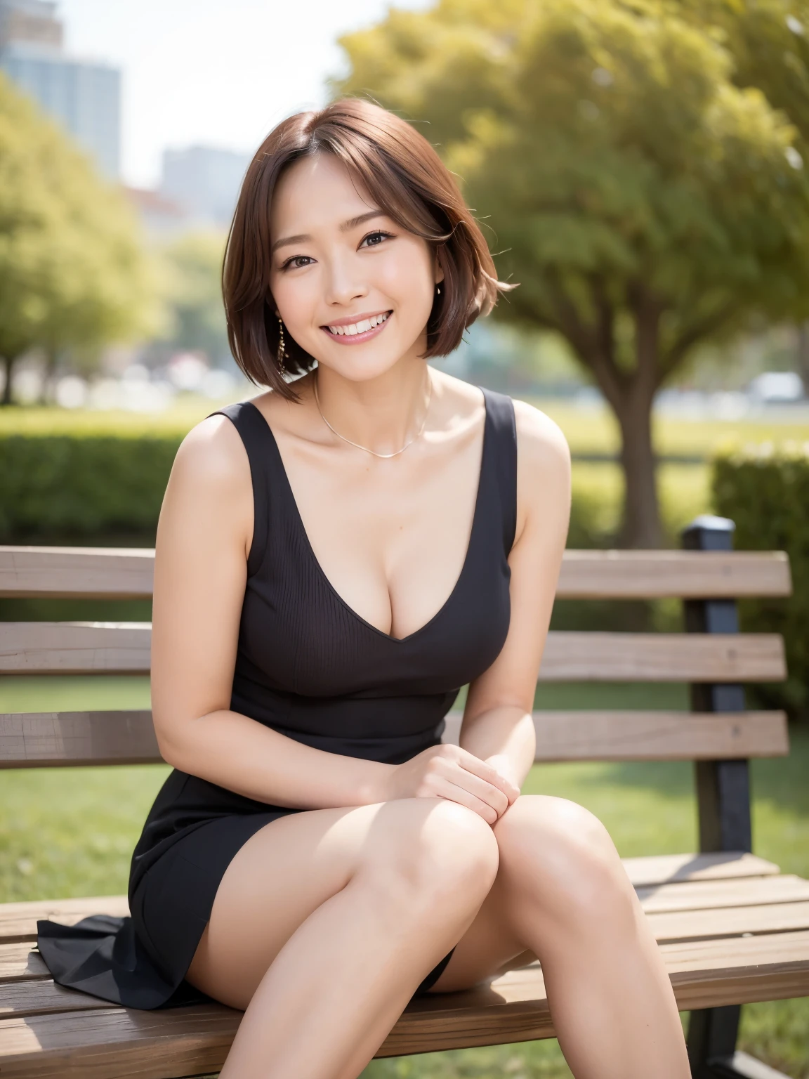 最high quality, In 8K, Masseter region, Vibrant, Sharp focus, high quality, High resolution, Detailed face, Fine grain, Thick lips, (Looking at the audience), alone, Beautiful woman, 38 years old, (Standard body shape)、(D cup breasts)、(Short black hair:1.5), Cleavage, afternoon、In front of the garden in the park,(Sit with your feet together on the bench:1.6)、(Red and white striped dress:1.6)、(smile:1.5)、(Black pumps:1.5)