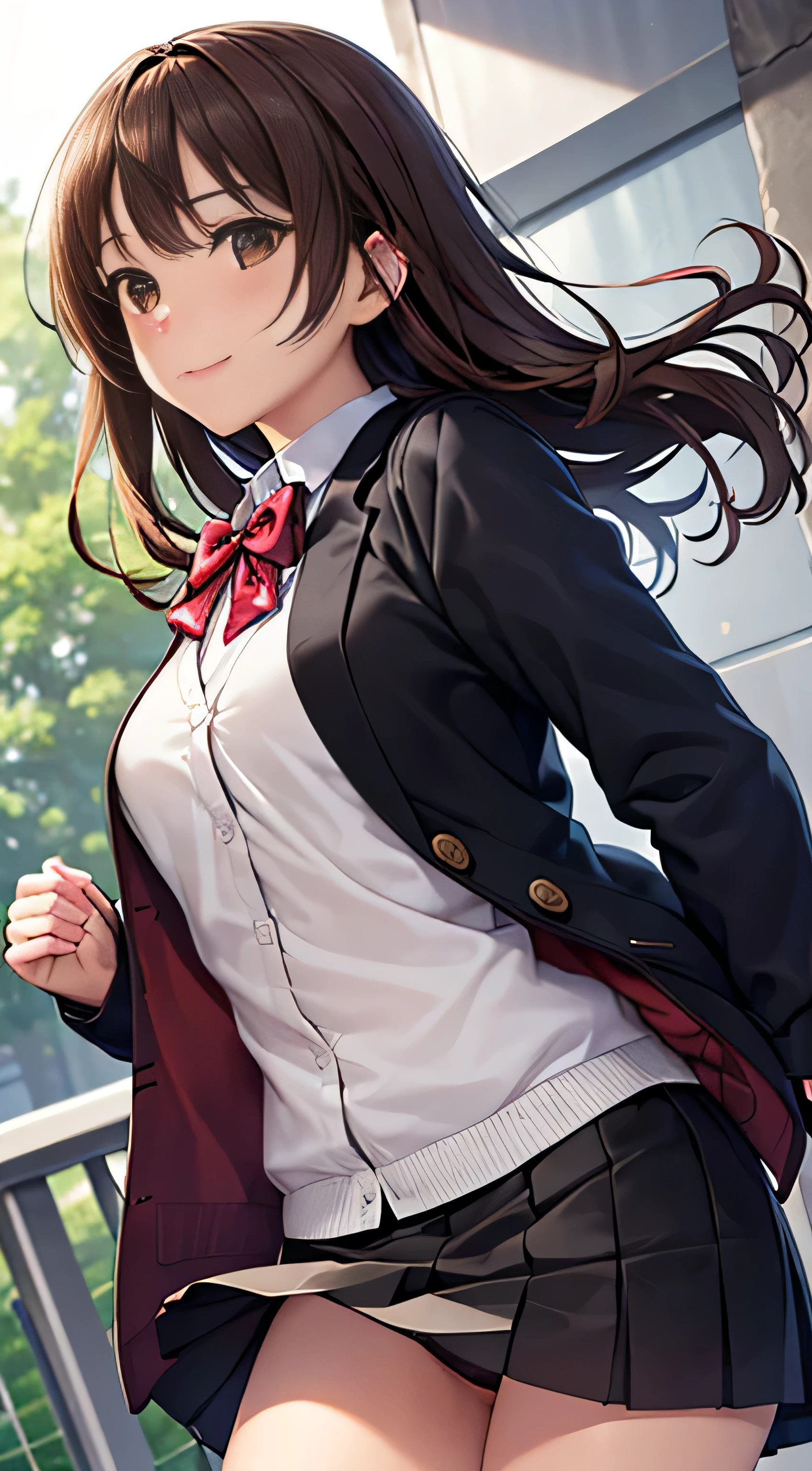 ((Tabletop, highest quality, High resolution, , Perfect Pixel, 4K,))), 1 high school girl, single, alone, beauty、The whole body is visible、 ((Mid-wave hair, bangs, Brown Hair)), ((Brown eyes, Beautiful eyelashes, Realistic eyes)), ((Detailed face, Blushing:1.2)), ((Smooth texture:0.75, Realistic texture:0.65, Realistic:1.1, Anime CG Style)), Medium Chest, Dynamic Angle, Perfect body, ((Red bow tie, , Black jacket, Open jacket, Brown cardigan, White shirt, Black Skirt, Check skirt)), 、、Very embarrassing panic smile, looked back、Leaning forward、The wind is blowing and my underwear is completely visible、Touch your buttocks with both hands、White and pink floral lace panties、Angle from below)、