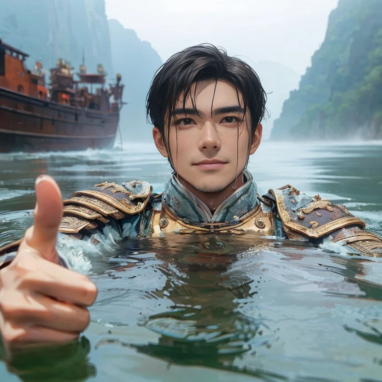 (Best Quality:1.2), (high resolution:1.2), (beautiful face and eye:1.5), (sharpest focus:1.2), (Ultra-realistic Photo:1.2), (Ultra-precise Photo:1.2), (Depth of field:1.2), (8k high resolution:1.2). (perfect anatomy:1.2),
(nice hands:1.5), (perfect hands:1.5), (One drowning Chinese man:1.2), (Very young and beautiful Chinese man:1.0), (Smiling thumbs up in a state of resignation:1.2), (Looking up angle:1.2),
(Chinese warrior in very light clothing, beaten up:1.0), (Majestic Chinese river:1.0), (Cynical smile:1.0), (Giant battleship:1.0), (Mars shining reddish-red in the night sky:1.2),