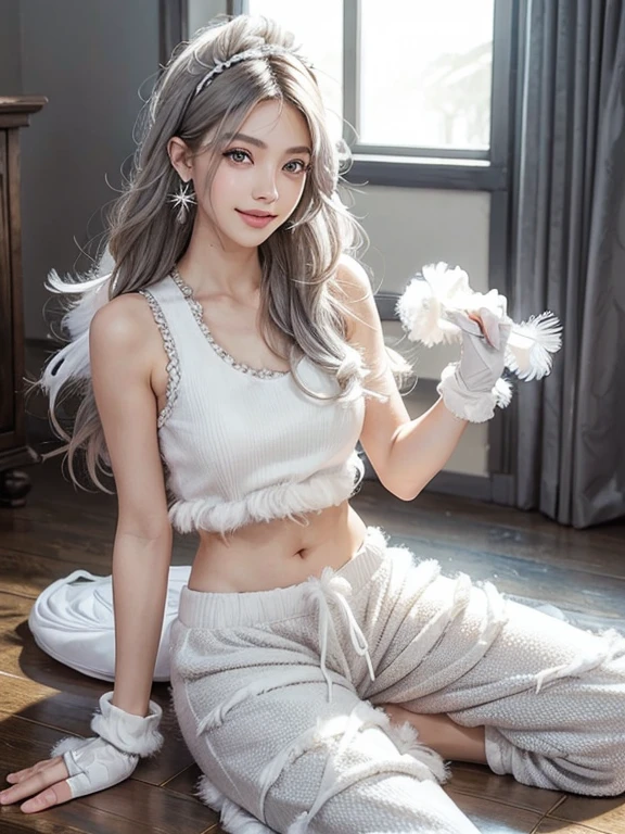 (anime:1.2), (official art:1.2), (gorgeous, elegant, luxury:1.6), (beautiful still life painting art:1.2), (ultra detailed, beautiful, masterpiece, best quality:1.2), _ BREAK (1girl:1.2), 22 years old, 160 cm, Japanese cute model, Tightened all body, medium Breasts, small head, small face, diamond Face, small nose, Sharp Faceline, Detailed face, Detailed eyes, young hands and fingers, beautiful hands and fingers, five fingers, _ BREAK (happy, smile, Glossy Lips:1.3), (Light color lips, Half open mouth, beautiful Teeth:1.2), (dropy eyes, Double eyelid, light color eyes, Shiny eyes:1.5), Shiny skin, _ BREAK (arranged hairstyle:1.2), (gray hair:1.2), shiny hair, Detailed hair, _ BREAK (simple gray background:1.2), (blurry background, mist, fog:1.2), _ BREAK (cowboy shot:1.2), (sitting, sexy model pose:1.2), BREAK (White fluffy feather theme:1.6), (fluffy:1.7), (loose-fitting fluffy feather sleeveless shirt:1.4), (fluffy cuffs and hem:1.4), BREAK (fluffy feather Hair accessories:1.4), (fluffy feather earrings:1.4), (fluffy sweat pants:1.4), (White Hi cut Sneaker:1.4), BREAK (fluffy feather gloves:1.4), (fluffy feathered anklets:1.2),