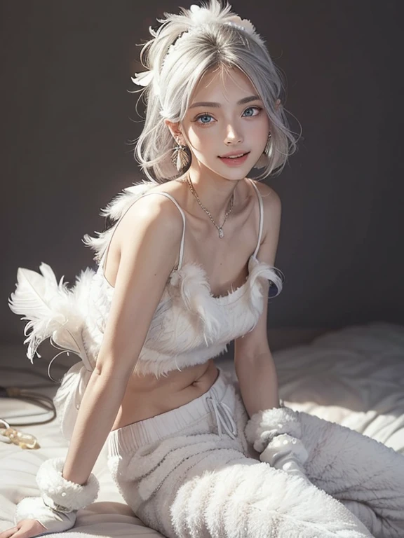 (anime:1.2), (official art:1.2), (gorgeous, elegant, luxury:1.6), (beautiful still life painting art:1.2), (ultra detailed, beautiful, masterpiece, best quality:1.2), _ BREAK (1girl:1.2), 22 years old, 160 cm, Japanese cute model, Tightened all body, medium Breasts, small head, small face, diamond Face, small nose, Sharp Faceline, Detailed face, Detailed eyes, young hands and fingers, beautiful hands and fingers, five fingers, _ BREAK (happy, smile, Glossy Lips:1.3), (Light color lips, Half open mouth, beautiful Teeth:1.2), (dropy eyes, Double eyelid, light color eyes, Shiny eyes:1.5), Shiny skin, _ BREAK (arranged hairstyle:1.2), (gray hair:1.2), shiny hair, Detailed hair, _ BREAK (simple gray background:1.2), (blurry background, mist, fog:1.2), _ BREAK (cowboy shot:1.2), (sitting, sexy model pose:1.2), BREAK (White fluffy feather theme:1.6), (fluffy:1.7), (loose-fitting fluffy feather sleeveless shirt:1.4), (fluffy cuffs and hem:1.4), BREAK (fluffy feather Hair accessories:1.4), (fluffy feather earrings:1.4), (fluffy sweat pants:1.4), (White Hi cut Sneaker:1.4), BREAK (fluffy feather gloves:1.4), (fluffy feathered anklets:1.2),