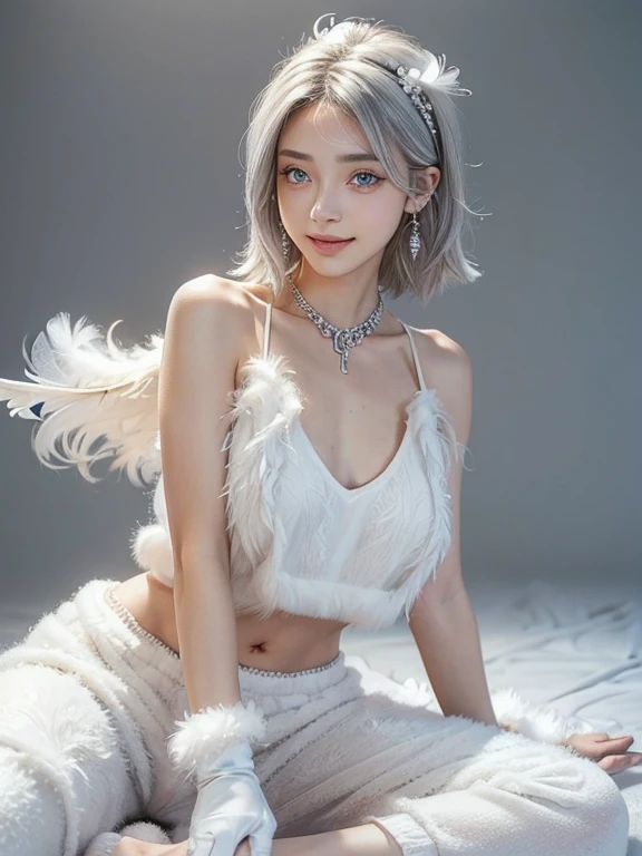 (anime:1.2), (official art:1.2), (gorgeous, elegant, luxury:1.6), (beautiful still life painting art:1.2), (ultra detailed, beautiful, masterpiece, best quality:1.2), _ BREAK (1girl:1.2), 22 years old, 160 cm, Japanese cute model, Tightened all body, medium Breasts, small head, small face, diamond Face, small nose, Sharp Faceline, Detailed face, Detailed eyes, young hands and fingers, beautiful hands and fingers, five fingers, _ BREAK (happy, smile, Glossy Lips:1.3), (Light color lips, Half open mouth, beautiful Teeth:1.2), (dropy eyes, Double eyelid, light color eyes, Shiny eyes:1.5), Shiny skin, _ BREAK (arranged hairstyle:1.2), (gray hair:1.2), shiny hair, Detailed hair, _ BREAK (simple gray background:1.2), (blurry background, mist, fog:1.2), _ BREAK (cowboy shot:1.2), (sitting, sexy model pose:1.2), BREAK (White fluffy feather theme:1.6), (fluffy:1.7), (loose-fitting fluffy feather sleeveless shirt:1.4), (fluffy cuffs and hem:1.4), BREAK (fluffy feather Hair accessories:1.4), (fluffy feather earrings:1.4), (fluffy sweat pants:1.4), (White Hi cut Sneaker:1.4), BREAK (fluffy feather gloves:1.4), (fluffy feathered anklets:1.2),