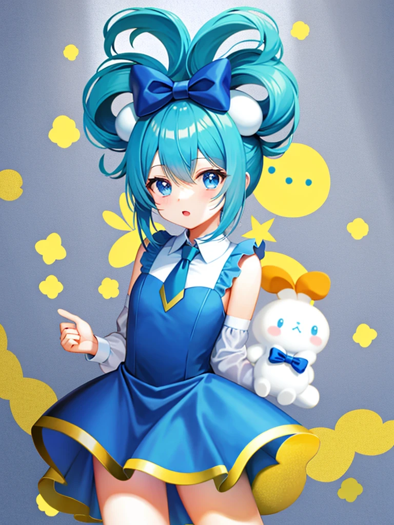 1girll, Solo, Cinnamiku, Blue hair, Blue eyes, Hair rings, Hair Bow, (Blue bow), (cinnamoroll, tied ears, sanrio, 1other, organism:1.2), Black sleeves, Bare shoulders, a blue tie, Wide sleeves, Collared shirt, Detached sleeves, tiese, a blue tie, frilled collar, frilly shirt, Fancy, kawaii, Cowboy shot, microphones,