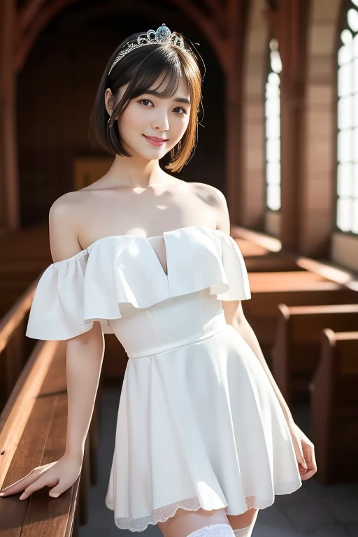(highest quality:1.5)、(Realistic:1.5)、(1 person:1.5)、(Medium Shot:1.5)、Very detailed、High resolution、8k wallpaper、、Normal milk、Natural color lips、Cute Smile、Japanese women、20-year-old girl、Beautiful and elegant face、Perfect and beautiful face、Large, balanced eyes、Brunette's eyes、Beautiful and elegant face、Beautiful double eyelids、Natural Bangs、Beautiful thin nose、Beautiful Skin、Fair skin、(Medium Bob Hair)、Natural Bangs、Perfect and beautiful face、Slim face and figure、(Looking at the camera with a sweet smile)、Bright lighting、Professional Lighting、Forward lighting、Micro Mini Skirtのプリンセスドレス、tiara、(Wearing white off-the-shoulder wedding dress)、Wedding ceremony in a church with beautiful stained glass、pose for a photo、Micro Mini Skirt、garter belt、Knee-high stockings、
