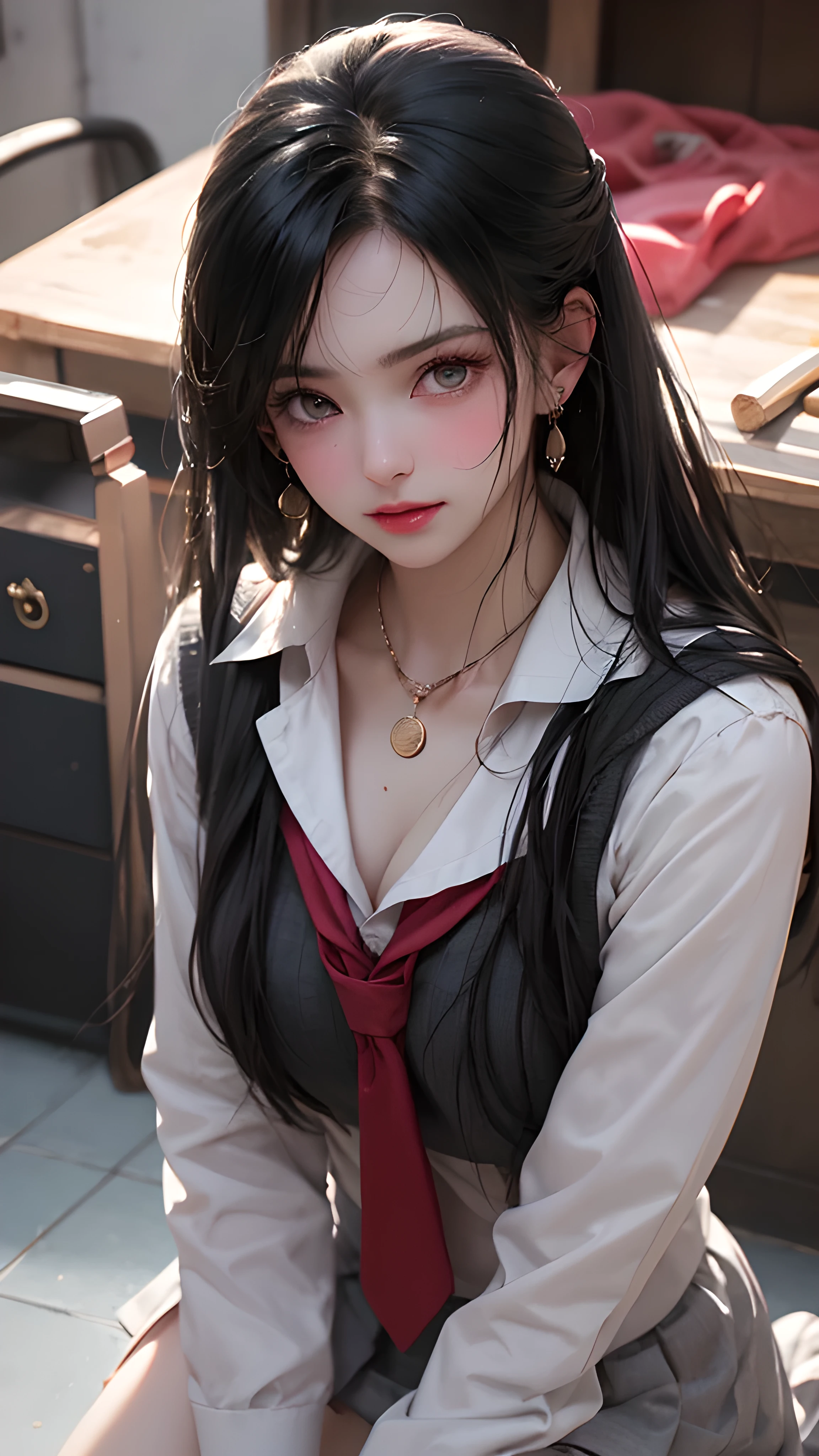 Black Hair, (Long hair), Gray eyes, (Glowing eyes), (White thighs: 1.2), , lure, , Attractive appearance, charming, blush, Shy, disgust, disgust, (mediate), Not playing well, looking at someone, oh hey face, comfortable, Scream, Opened his mouth, Slobber, Sexual convulsions, White skin, Red, ruddy face, Sweat, Wet, color, Solitary, Kneeling on the ground and crying , Duck sitting, frustration, loneliness, fondling, sexual pleasure, enduring pleasure, Elk close up, attractive facial expression, (Detailed description of Kneeling on the ground and crying school uniform), (Duck sitting Detailed description front), Detailed description, Break (masterpiece), (close up), (best quality), Very detailed, Beautifully, fair, (close up), (close up), ( fair girl), (collar, collar), (Delicate pink areola nails: , (Delicate skin rendering), (Plump Skin: 1.4), First-class CG quality 8k wallpaper, Practical, Master Level, masterpiece, portrait, center, display lens, Beautiful Chinese-Korean mixed-race idol, (Very detailed description of the face and facial details), (blush), Bitten lip makeup, sweet smile, perfect facial features, Red eyes, Blind band + Hair above one eye, (Ruby nail). fat_ mons, carmel map,
