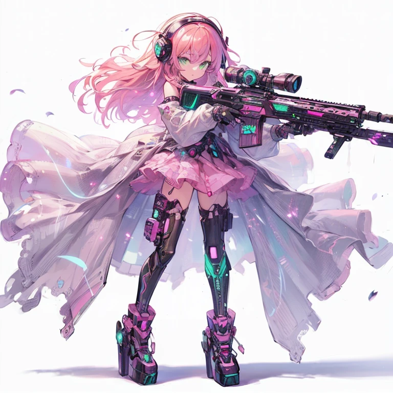 (Masterpiece, best quality), ultra-detailed, anime style, Full body, cyber punk girl, hold on high-tech Rifle, pink hair, glowing green eye, wearing magical girl outfit , 8k high resolution, trending art station, white background, standing on wasteland, whole body,