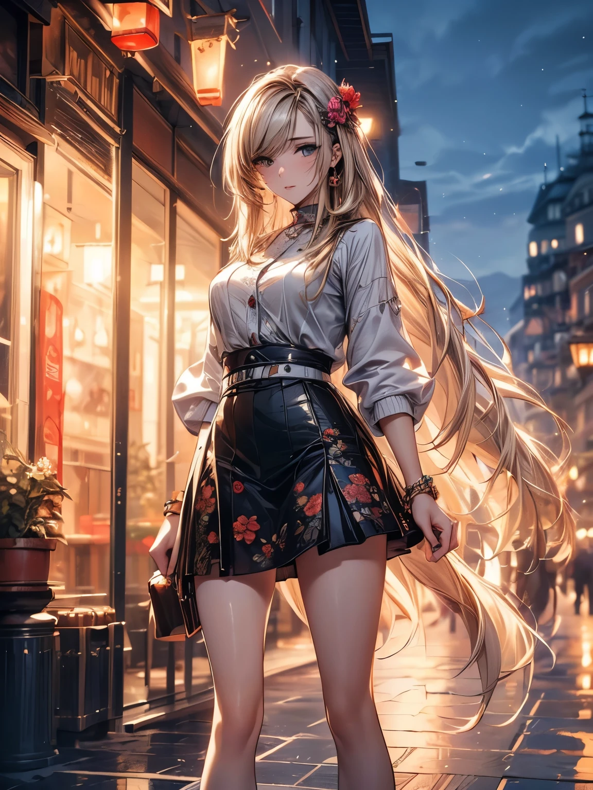 ((best quality, 8k, masterpiece: 1.3)), 1 Girl, Slim beauty: 1.3, (Long hair: 1.2), Floral Skirt, Long legs: 1.1, Super delicate face, Beautiful eyes, Double eyelids, outdoor, Octane Render