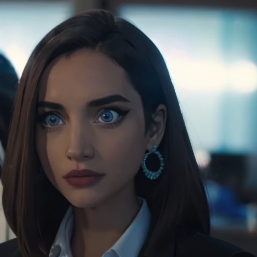 (masterpiece, high quality) woman, formal business suit, shirt, pants, solo , looking at viewer, perfect face, suits Navy blue, crystal blue eyes, eyelashes, makeup
