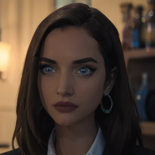 (masterpiece, high quality) woman, formal business suit, shirt, pants, solo , looking at viewer, perfect face, suits Navy blue, crystal blue eyes, eyelashes, makeup