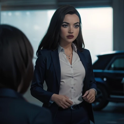 (masterpiece, high quality) woman, formal business suit, shirt, pants, solo , looking at viewer, perfect face, suits Navy blue, crystal blue eyes, eyelashes, makeup