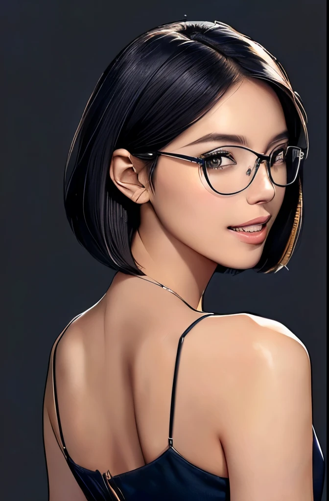 (masterpiece), (8k, best quality, high resolution), (ultra-detailed, realistic), (anatomically correct),  
((Portrait)), (Standing), (((looking back))), (No background),
(1woman),  (looking at viewer), (show your back), 
(A Japanese woman, 30 years old and 155cm tall.), 
(black hair), (straight hair), (short hair style), (bob cut), (hair behind ears), 
(wear glasses), ((black cell frame glasses)), 
((Wear a navy blue spaghetti strap dress)),((Mini length dress with a simple design and minimal decoration)),  
(Create a detailed image of the eye), 
(Her impression is pure, clean and kind.), 
((A captivating smile, just showing a few teeth.)), 　 
