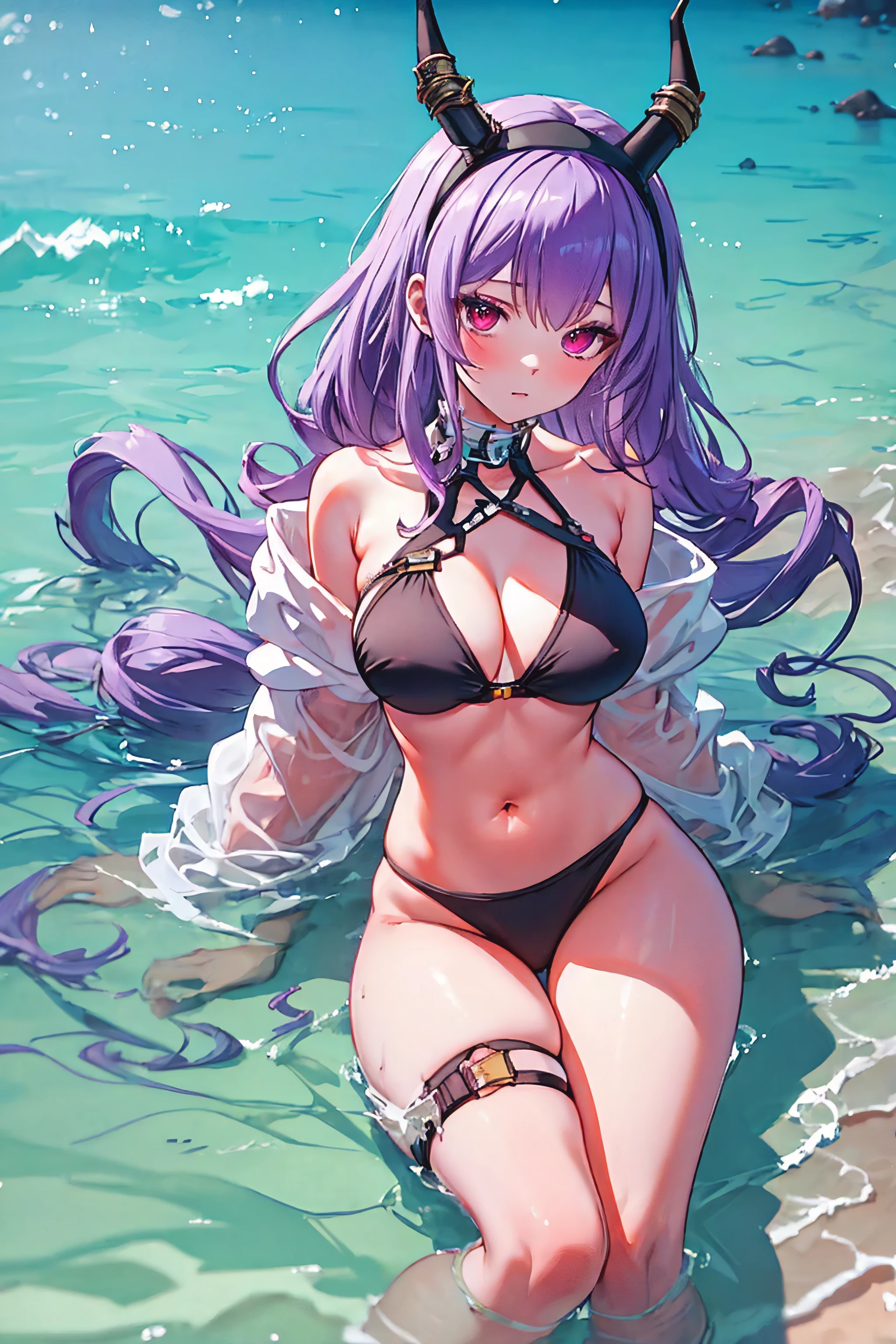 typhon| arknights, Masterpiece, best quality, 1 girl,25 years old , Medium bust, very long hair, hairband, purple hair, proportion body, proportion, show your , Water set, This micro bikini,micro mini bikini, Lying on the beach with alluring challenges, unctuous. ,only, beautiful sea, The sky is beautiful, Looking at the audience from the front, thigh strap, tilt your head, bored, 10, 10, high resolution, expressionless,