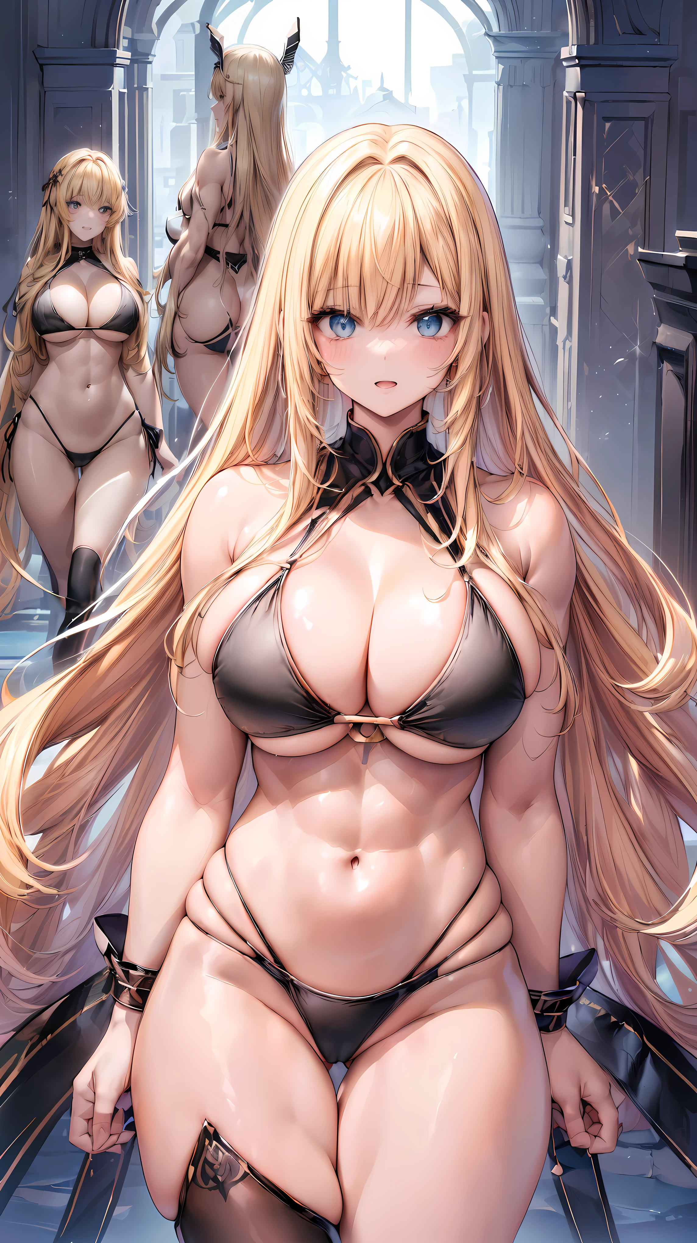 (Two women side by side:1.2)、Very detailed、highest quality、Best image quality、masterpiece、8k、Anime Face、A kind smile、(Open your mouth:1.3)、Sparkling blue eyes、(Blonde semi-long hair:1.5)、(Muscles of the whole body:1.3)、(High leg:2.0)、Thigh belt、(Black high-cut bikini:1.5)、(Upper body photo:1.5)、(SFW Giant)、(Thick body:1.2)
