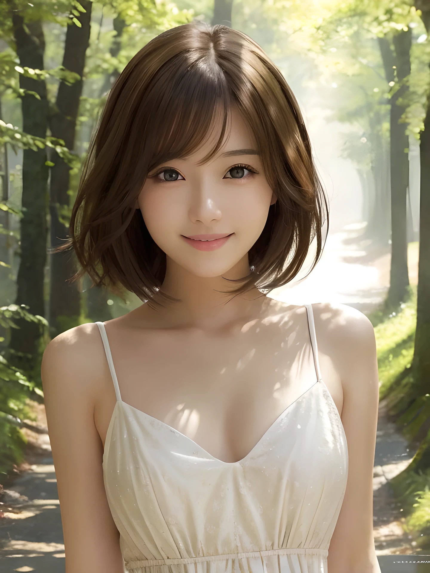 masterpiece, highest quality, High resolution, wallpaper, realistic, (bright lighting:1.4), professional lighting, face light, smooth lighting, japanese girl, full body, cute, happy, smile, shy, Beautiful girl, gravure, sexy, super beautiful, beautiful skin, beautiful and detailed eyes、detailed face、slim、moderately, short hair, brunette colored hair, brown eyes, Summer Dresses, The morning sunlight shines through the misty forest path.