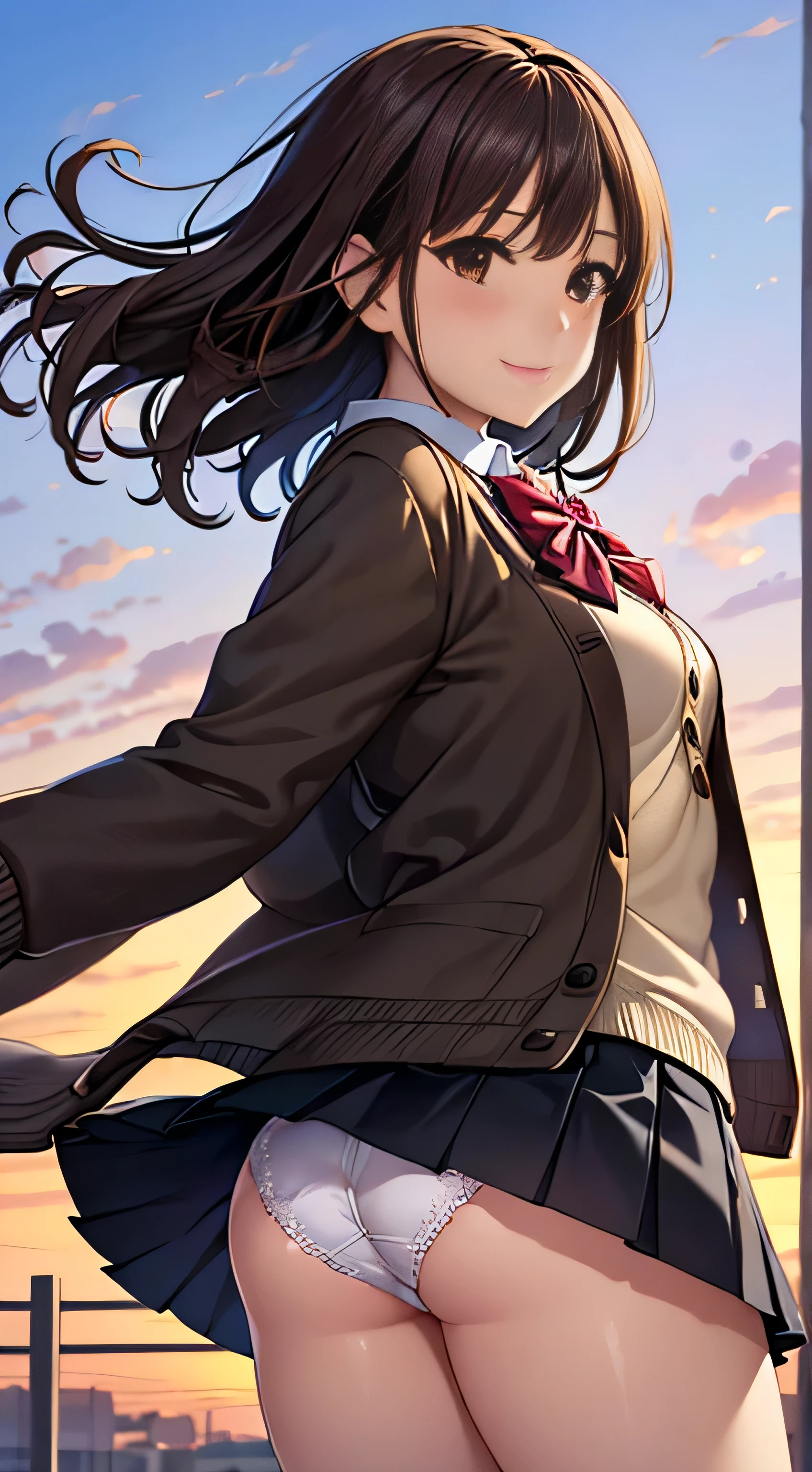 ((Tabletop, highest quality, High resolution, , Perfect Pixel,  4K,))), 1 high school girl, single, alone, beauty、The whole body is visible、 ((Mid-wave hair, bangs, Brown Hair)), ((Brown eyes, Beautiful eyelashes, Realistic eyes)), ((Detailed face, Blushing:1.2)), ((Smooth texture:0.75, Realistic texture:0.65, Realistic:1.1, Anime CG Style)), Medium Chest, Dynamic Angle, Perfect body,  ((Red bow tie, , Black jacket, Open jacket, Brown cardigan, White shirt, Black Skirt, Check skirt)), 、、Very embarrassing panic smile, looked back、Leaning forward、The wind is blowing and my underwear is completely visible、Touch your buttocks with both hands、White and pink floral lace panties、Angle from below)、