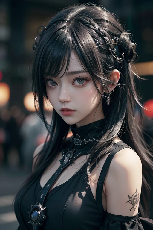top-quality、8K、masterpiece:1.3、Gothic punk、Red inner color、A grey dark-haired、hair adornments、a beauty girl、creative、dark fantasy style、Neogos、Goth Fashion:1.2、hight resolution、masterpiece、top-quality、headw:1.3、((Hasselblad photo))、Fine-grained skin、Sharp Focus、(lighting like a movie)、Realistic texture m hair