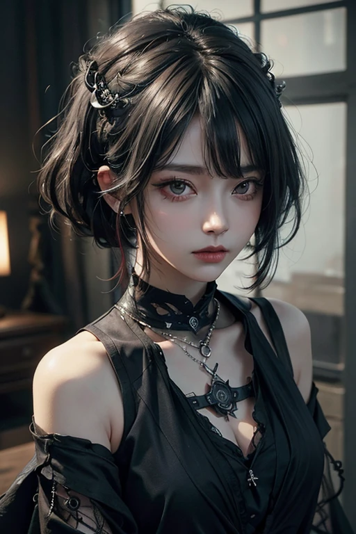 top-quality、8K、masterpiece:1.3、Gothic punk、Red inner color、A grey dark-haired、hair adornments、a beauty girl、creative、dark fantasy style、Neogos、Goth Fashion:1.2、hight resolution、masterpiece、top-quality、headw:1.3、((Hasselblad photo))、Fine-grained skin、Sharp Focus、(lighting like a movie)、Realistic texture m hair