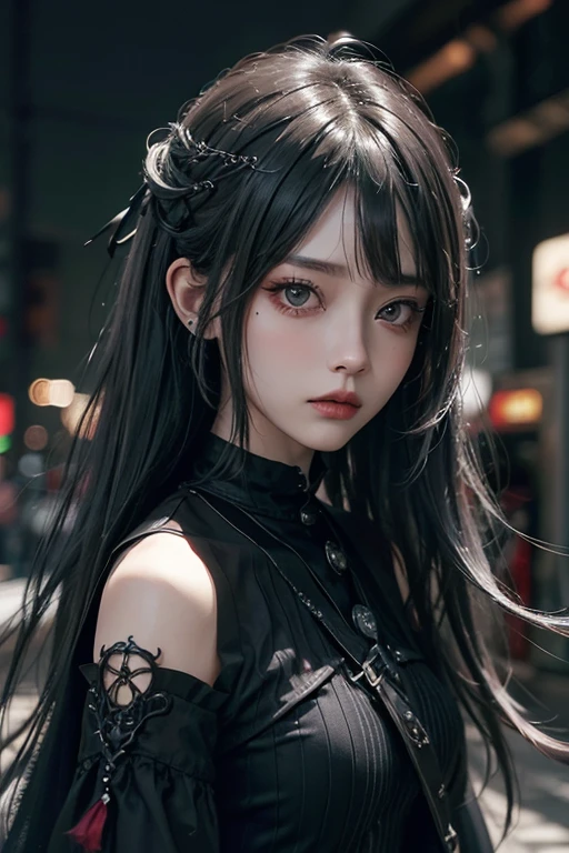 top-quality、8K、masterpiece:1.3、Gothic punk、Red inner color、A grey dark-haired、hair adornments、a beauty girl、creative、dark fantasy style、Neogos、Goth Fashion:1.2、hight resolution、masterpiece、top-quality、headw:1.3、((Hasselblad photo))、Fine-grained skin、Sharp Focus、(lighting like a movie)、Realistic texture m hair