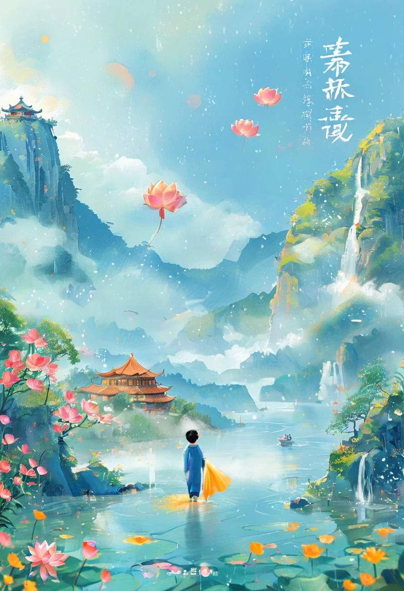 1girl, Cai GuoRUN's illustration style, Flat illustration style，Showing the characteristics of beach New Year paintings，Shuttle，Lotus Stand，Door God，Fairies gather，Bright image，colorful，Exquisite details，Flickering Lights and Shadows，Expressing struggle and hope, 1cgrssh1