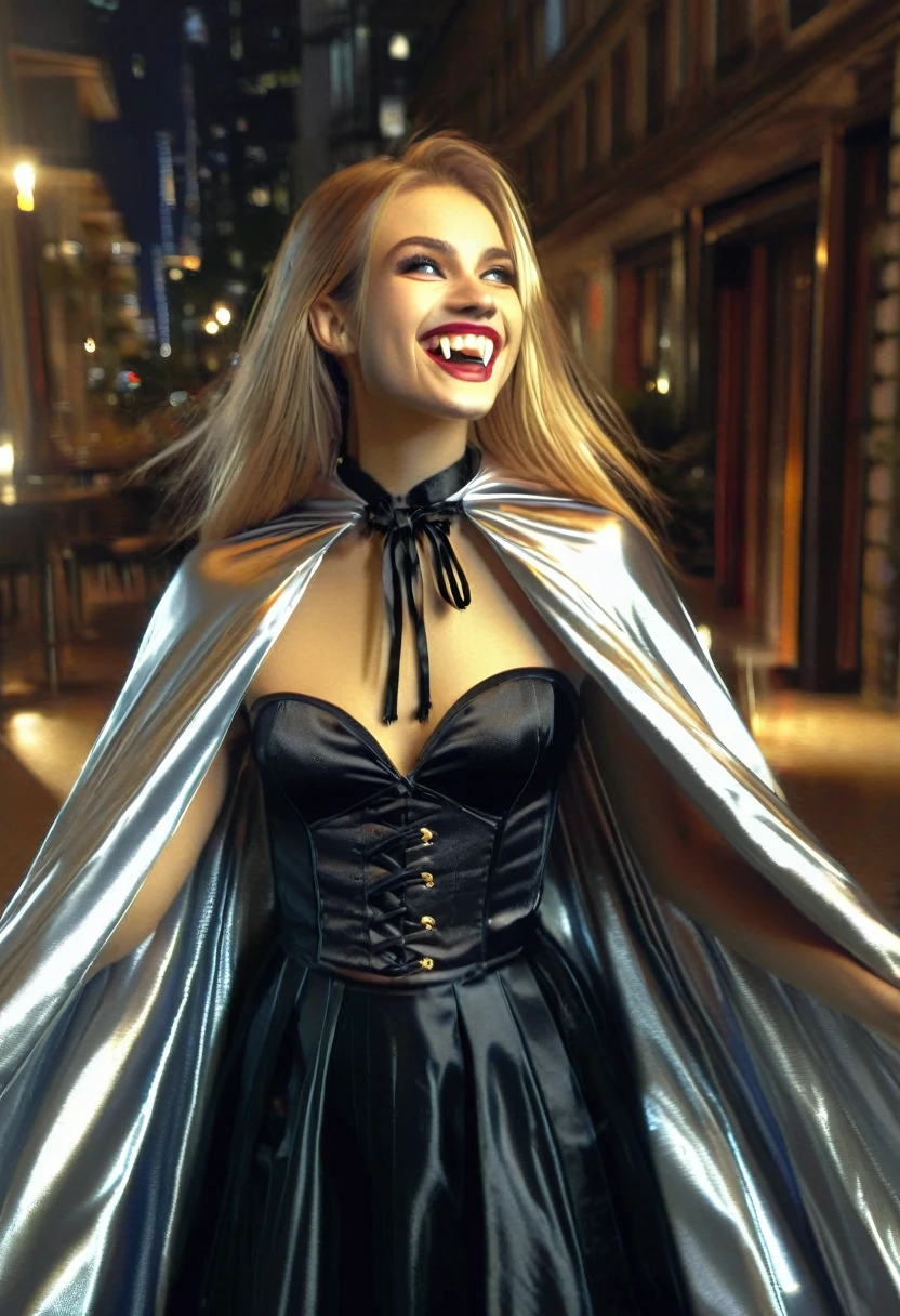 Vampyfangs1,(RAW photo) , 1girl, cute, 20 years old, long blonde hair in ponytail, smiling, look at viewer, ((((silver and gold lined satin cape tied at the neck)))+++, side spilt skirt , photo, realistic, best quality, hires, detailed face, detailed background, diffused lighting, depth of field, bokeh