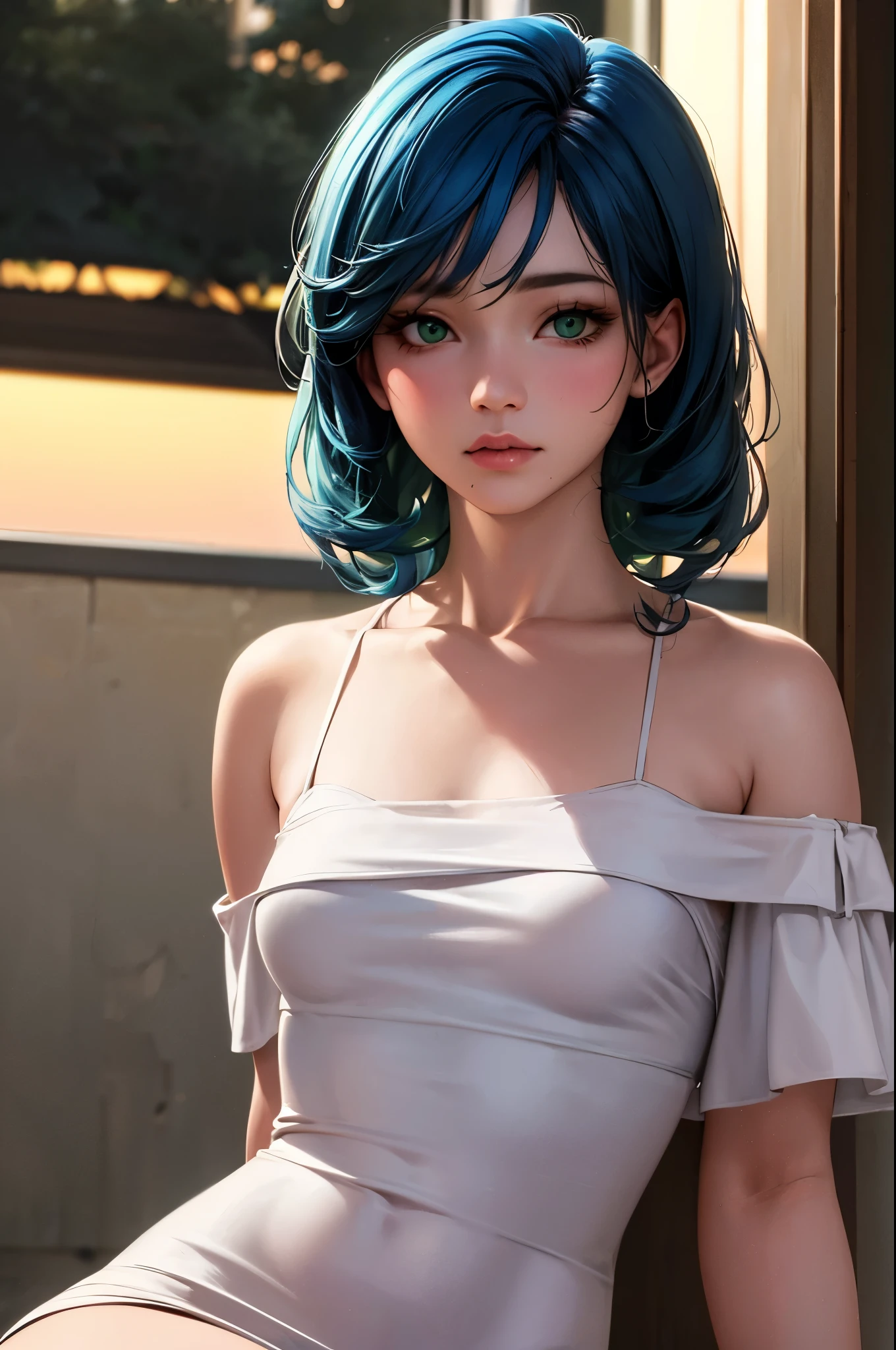 highest quality, masterpiece, Ultra-high resolution, (realism: 1.4), Original photo, One girl, Green Eyes, Off the shoulder, Cinema Lighting, Blue Hair, At sunset
