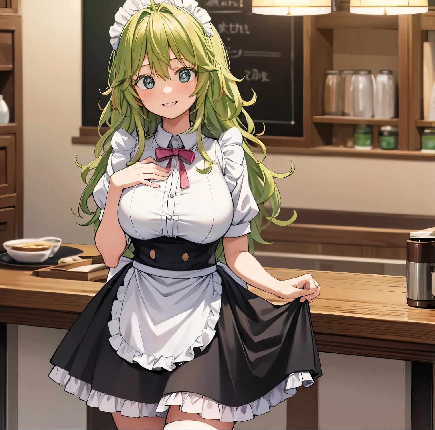 1girl, alone, tooru hagakure,masterpiece,best quality,highres,ultra-detailed,hagakure tooru,green eyes,multicolored hair,long hair,ahoge,bangs,large breasts,indoors,cafe,maid,maid headdress,apron,(skirt hold:1.2),standing,cowboy shot,smile, 1girl, alone,perfect hands, perfect anatomy
