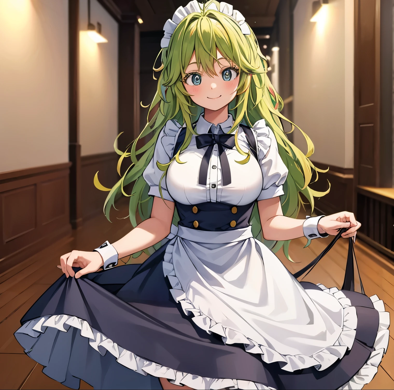 1girl, alone, tooru hagakure,masterpiece,best quality,highres,ultra-detailed,hagakure tooru,green eyes,multicolored hair,long hair,ahoge,bangs,large breasts,indoors,cafe,maid,maid headdress,apron,(skirt hold:1.2),standing,cowboy shot,smile, 1girl, alone,perfect hands, perfect anatomy
