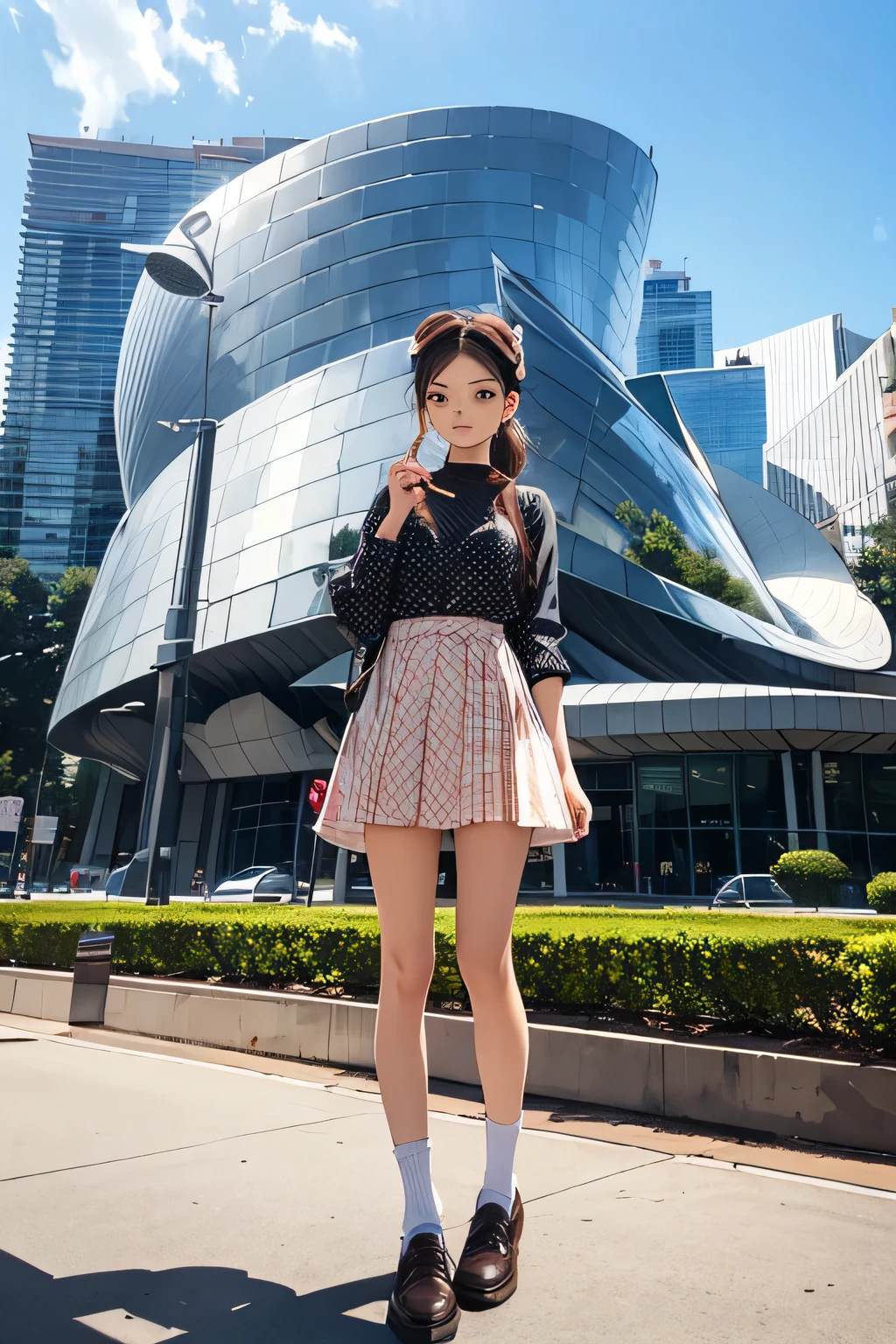 highest quality、High resolution、Detailed Background、(Beautiful face in every detail:1.4)、Anatomically correct、(Draw the usual number of fingers:1.2)、(Detailed facial expressions)、(Detailed eyes:1.2)、(Detailed eyes:1.2)、Teenage beauty、(Highly detailed face:1.4)、Brown Hair、Braided Ponytail、Braided Bob、Braided long hair、Wavy Hairstyle、well-groomed eyebrows、cute eye makeup、Cute Lip Makeup、cute gesture、Show the whole body、
(A beautiful girl with a big smile, with contemporary architecture and unique design buildings in the background:1.5)、
Pair a jumper skirt with a casual top、
Choose a striped T-shirt or a blouse with a cute print.、
Pair with casual shoes such as sneakers or loafers.、
You can also combine a jumper skirt with a blouse or knitwear with frills or lace to create a girly look.、Add some hair accessories and colorful socks to make your look even cuter.、
Jumper skirts can also give off a retro vibe.、
Pair it with a polka dot or checked blouse and add a headband or vintage-inspired accessories to complete the retro look.、
Contemporary architecture and unique design buildings、Very original and innovative design、
The building features curved shapes and innovative construction in steel and glass.、
The building features curved and angular shapes and modern materials such as glass and steel.、
The building features a glass facade and energy-efficient design.、
Walt Disney Concert Hall in California and the Guggenheim Museum Bilbao in Spain、Germany's Dresden State Art Museum and Austria's Vienna Zentralbahnhof、London City Hall in the UK and Berlin Central Station in Germany、cute