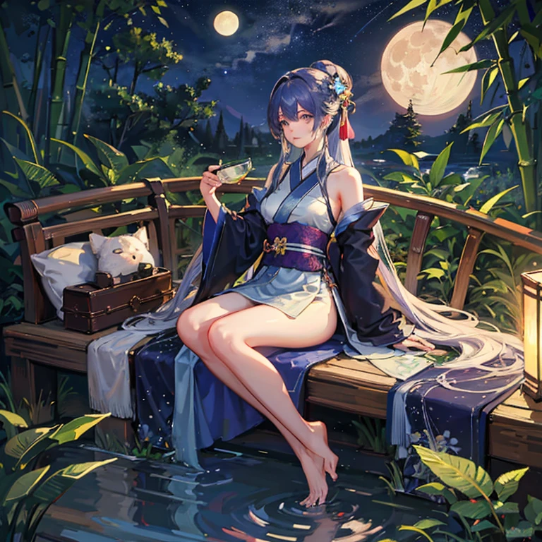wallpaper, highly detailed, illustration, 1 girl, Azure hair, long hair, detailed eyes, full body, forest, bare shoulders, hanfu, lakes, pure, soft smile, bamboo, Tea, drinking tea, night time, starry sky, full moon, short hem