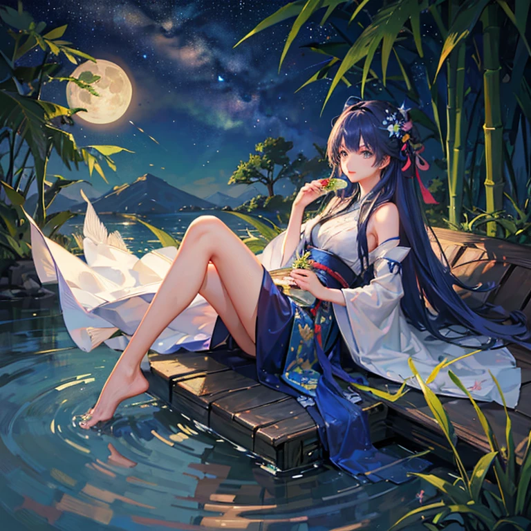 wallpaper, highly detailed, illustration, 1 girl, Azure hair, long hair, detailed eyes, full body, forest, bare shoulders, hanfu, lakes, pure, soft smile, bamboo, Tea, drinking tea, night time, starry sky, full moon, short hem