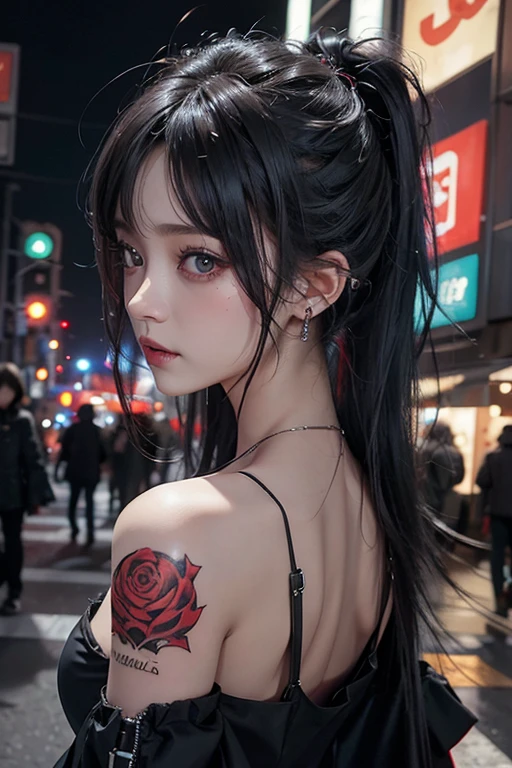 top-quality、8K、masterpiece:1.3、Gothic punk、Red inner color、A grey dark-haired、hair adornments、a beauty girl、creative、punk shirt、Neogos、Goth Fashion:1.2、high resolution、masterpiece、top-quality、headw:1.3、((Hasselblad photo))、Fine-grained skin、Sharp Focus、(lighting like a movie)、walking Tokyo night under the neon the back, forehead open, 17 years old、Brush your hair back、Shoulder Bare、one small Red rose tattoo on the décolletage、1 tattoo only