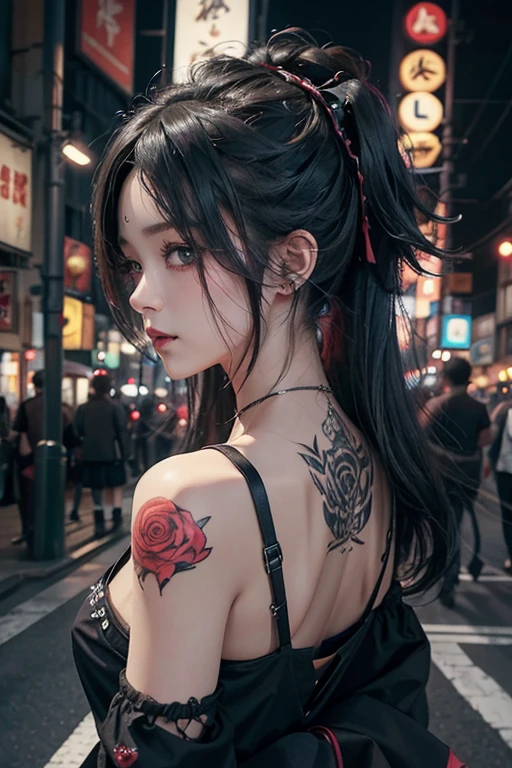 top-quality、8K、masterpiece:1.3、Gothic punk、Red inner color、A grey dark-haired、hair adornments、a beauty girl、creative、punk shirt、Neogos、Goth Fashion:1.2、high resolution、masterpiece、top-quality、headw:1.3、((Hasselblad photo))、Fine-grained skin、Sharp Focus、(lighting like a movie)、walking Tokyo night under the neon the back, forehead open, 、Brush your hair back、Shoulder Bare、one small Red rose tattoo on the décolletage、1 tattoo only