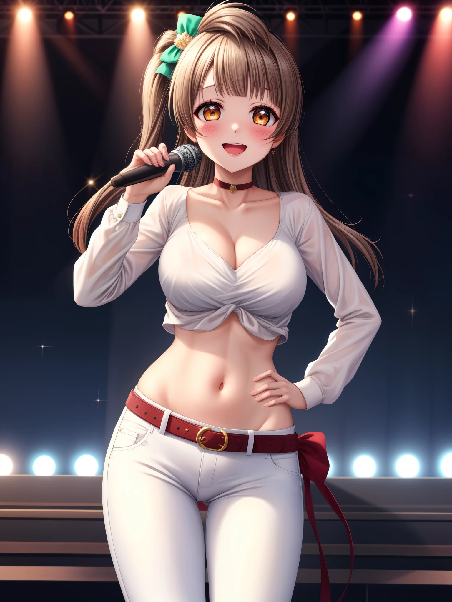 Masterpiece, best quality,Minami kotori,volumetric lighting, illustration, beautiful, tight , Blushing,breasts, blush, smile, bangs, large_breasts, shirt, long_sleeves, navel, holding, cleavage, closed_mouth, standing, collarbone, white_shirt, cowboy_shot, midriff, belt, pants, blunt_bangs, crop_top, hand_on_hip, sparkle, makeup, microphone, straight_hair, wide_hips, contrapposto, white_pants, music, holding_microphone, narrow_waist, cropped_shirt,:D, (exposed crotch:1.2)