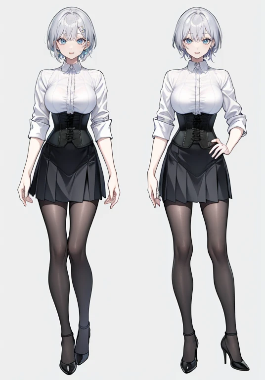 silver hair,short cut,Adult female,Bartender,((Rolling up your sleeves shirt)),(Corset),(Tight skirt),High heels,((Simple background)),Smile,((Full body)),((whole body)),Character Sheet,Arms slightly open