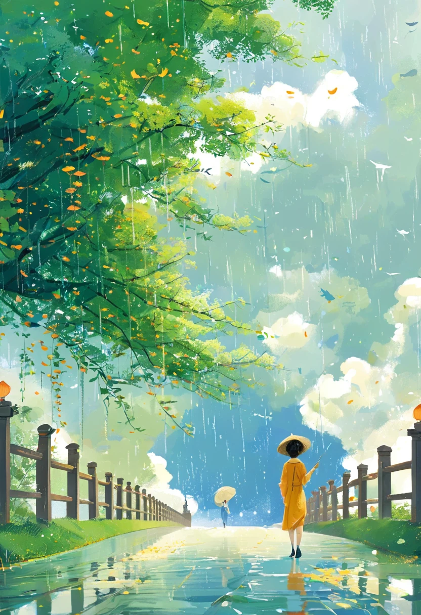 1girl, Cai GuoRUN's illustration style, Flat illustration style，Asian women in blue dress，With grass and hat，Walk elegantly on the Rococo-style bridge，full-body shot，Soft Light，Symmetrical composition，Romantic shades，Telephoto lens，Elegant action，Confident smile, 1cgrssh1