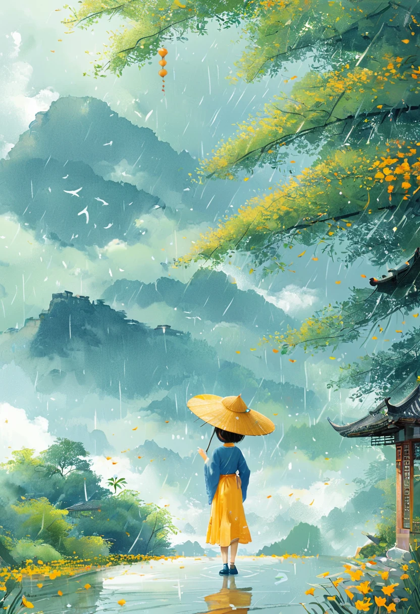 1girl, Cai GuoRUN's illustration style, Flat illustration style,Asian women in blue dress,With grass and hat,Walk elegantly on the Rococo-style bridge,full-body shot,Soft Light,Symmetrical composition,Romantic shades,Telephoto lens,Elegant action,Confident smile, 1cgrssh1