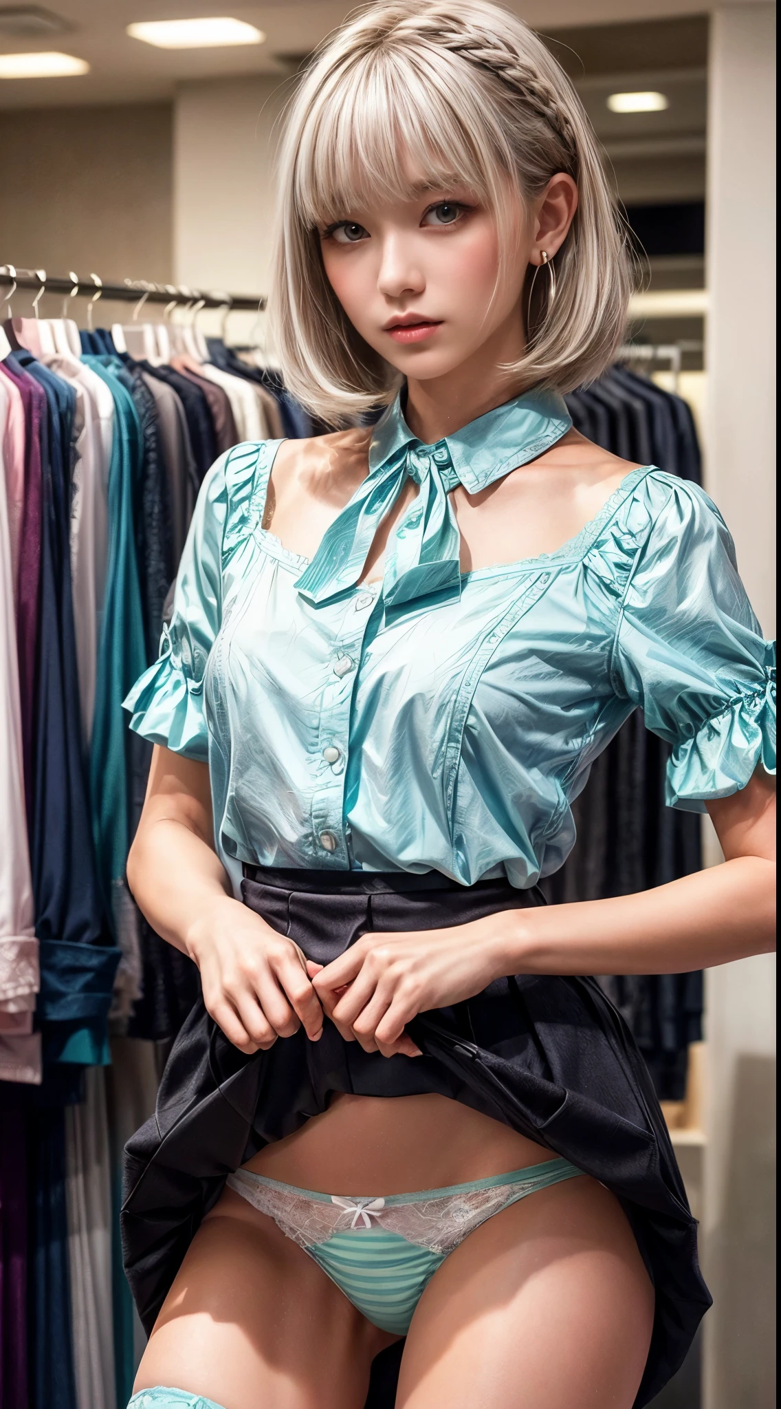 ((((Different hairstyles))))、Earrings、Collared shirt、、((((blunt bangs)))) ((Short bangs))、trimmed bangs、(((Inside of a fashionable clothing store)))、(masterpiece、highest quality、In 8K、32k、masterpiece、Super huge 、超A high resolution、Impressionism、Photorealistic:1.2)、Cowboy Shot、Sharp focus、Beautiful face with detailed background of face and eyelids、Blue sky、Glowing Skin、Sharp pupils、Realistic eyes and beautiful face、Blurred Background、Beautiful 28 year old girl、Glowing Skin、(((bright and beautiful hair)))、Iris、(((Simple blouse)))、(Knee-length skirt)、(I see a very small scanty:1.45)、Thighs Thighs Thighs Thighs、curve、Dynamic pose、Powerful composition、((Melancholic expression))、((A look of contempt))、sweating、((White blonde hair color))、Lace panties、((Source Order))、High nose、(Small Mouth)、Skirt rip、((Grab the skirt))、stockings、Pubic hair is visible、clerk、(Wearing a name tag)、((Panties in different pastel colors:1.25))