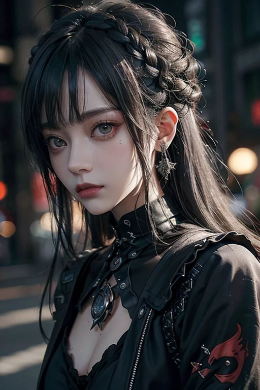 top-quality、8K、masterpiece:1.3、Gothic punk、Red inner color、A grey dark-haired、hair adornments、a beauty girl、creative、dark fantasy style、Neogos、Goth Fashion:1.2、hight resolution、masterpiece、top-quality、headw:1.3、((Hasselblad photo))、Fine-grained skin、Sharp Focus、(lighting like a movie)、Realistic texture m hair