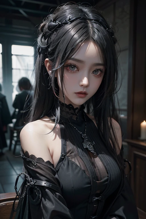 top-quality、8K、masterpiece:1.3、Gothic punk、Red inner color、A grey dark-haired、hair adornments、a beauty girl、creative、dark fantasy style、Neogos、Goth Fashion:1.2、hight resolution、masterpiece、top-quality、headw:1.3、((Hasselblad photo))、Fine-grained skin、Sharp Focus、(lighting like a movie)、Realistic texture m hair