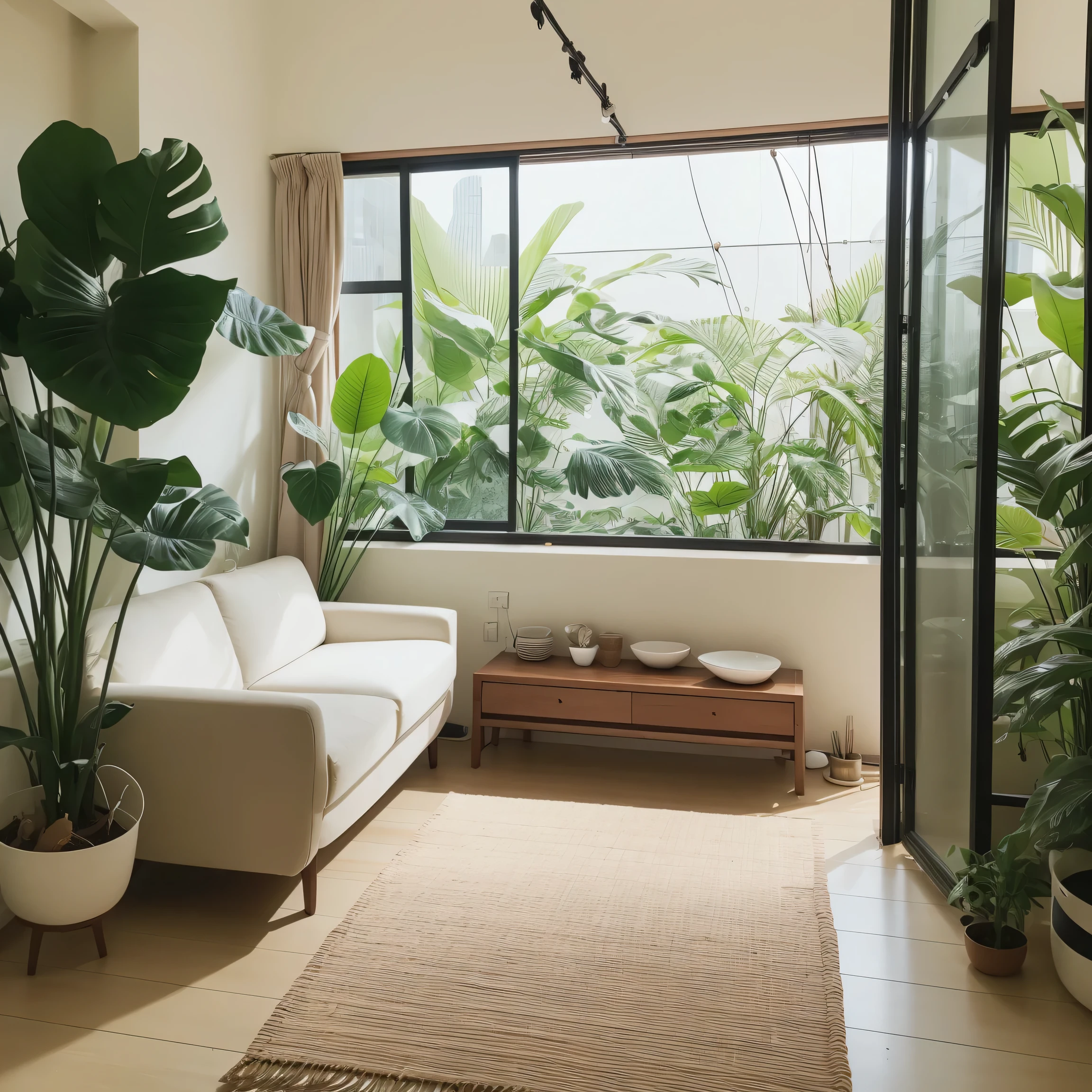 living、Wide angle、wide、Whole room、Modern、Stylish、Foliage plant、sofa、Asahi、Realistic、masterpiece、beautiful、8k、highest quality、Attention to detail、8k、Sharpness