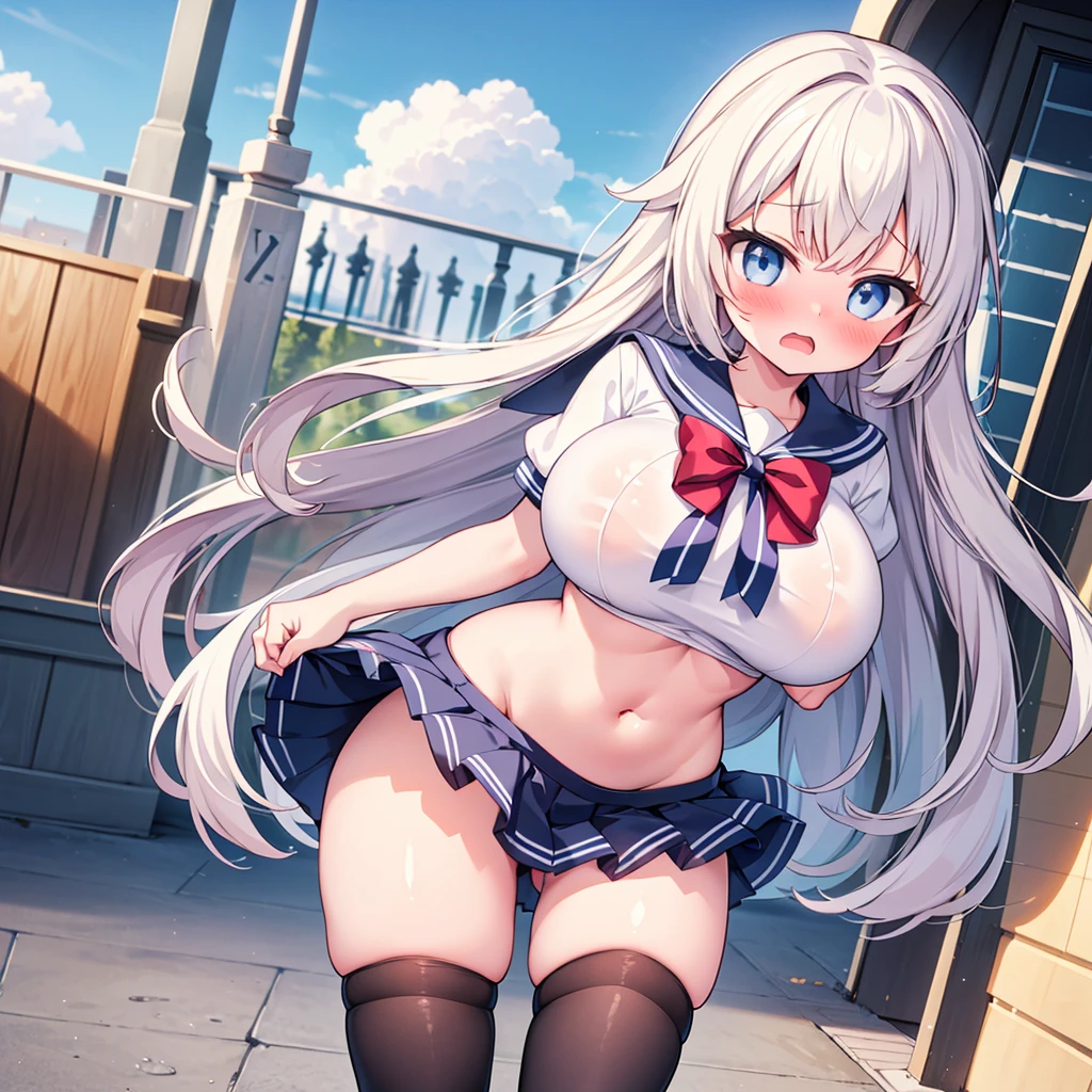(8K、Best image quality、highest quality、masterpiece), (girl, cute eyes, sailor uniform, clothed), (huge breasts), (open mouth), (embarrassed),(Black knee socks),(Thighs),(Waistline),(midriff peek)