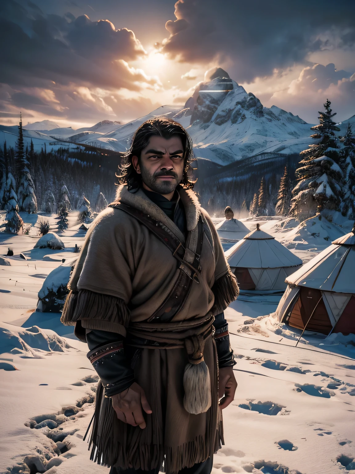 Chiaroscuro, dramatic lighting, fifty years old man, Oscar Isaac, cyclops, one grey eye, serious, traditional Sami tribesman costume, laughing, herd of mammoths in far distance, snowy landscape, outside yurts,