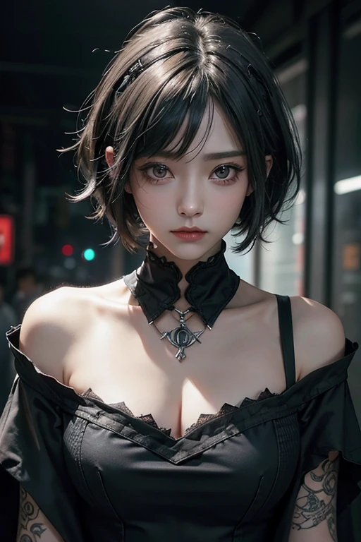 top-quality、8K、masterpiece:1.3、Gothic punk、Red inner color、A grey dark-haired、short hair, hair adornments、a beauty girl、creative、dark fantasy style、Neogos、punk shirt Fashion:1.2、hight resolution、masterpiece、top-quality、headw:1.3、((Hasselblad photo))、Fine-grained skin、Sharp Focus、(lighting like a movie)、Realistic texture, chest together