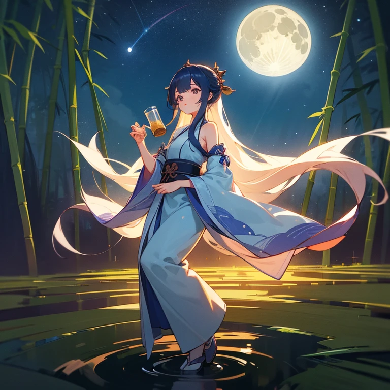 wallpaper, highly detailed, illustration, 1 girl, Azure hair, long hair, detailed eyes, full body, forest, bare shoulders, hanfu, lakes, pure, soft smile, bamboo, Tea, drinking tea, night time, starry sky, full moon, short hem