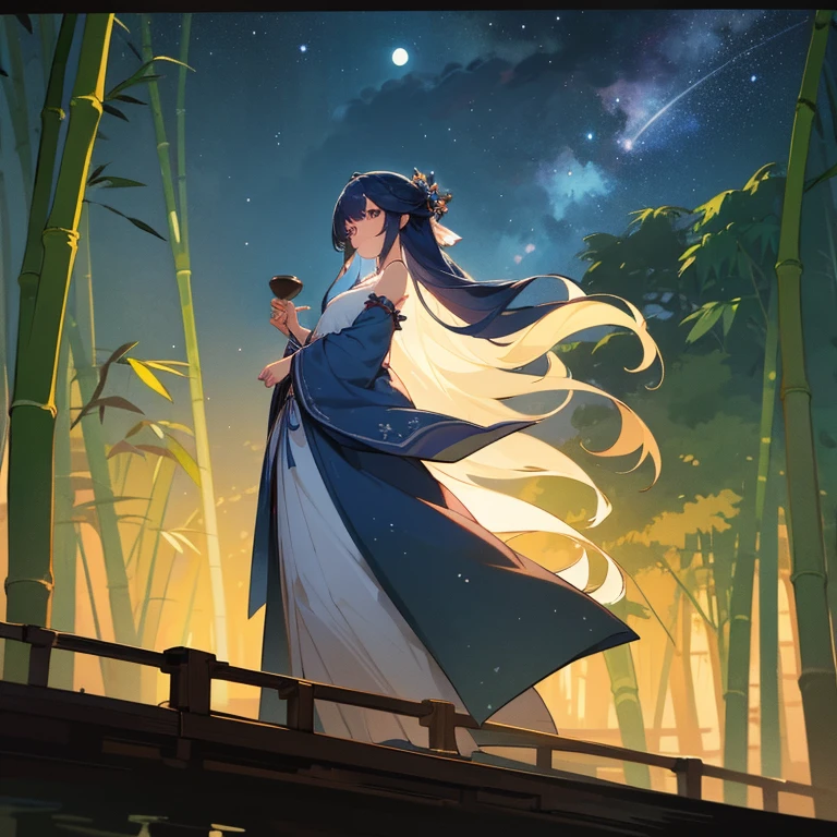 wallpaper, highly detailed, illustration, 1 girl, Azure hair, long hair, detailed eyes, full body, forest, bare shoulders, hanfu, lakes, pure, soft smile, bamboo, Tea, drinking tea, night time, starry sky, full moon, short hem