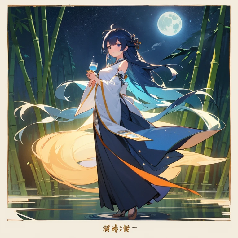 wallpaper, highly detailed, illustration, 1 girl, Azure hair, long hair, detailed eyes, full body, forest, bare shoulders, hanfu, lakes, pure, soft smile, bamboo, Tea, drinking tea, night time, starry sky, full moon, short hem
