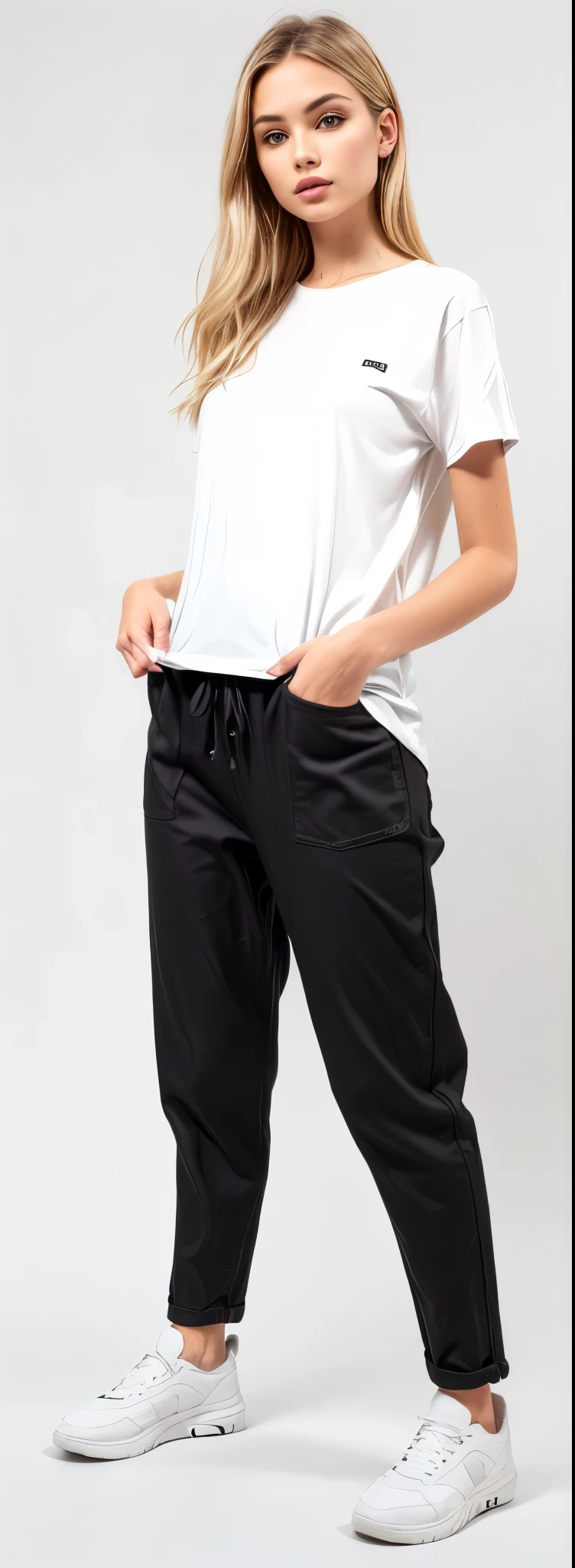 a woman in white shirt and black pants standing on a white background, black pants, black jeans pants, baggy black pants, black pants, Loose pants, big pants, black pants, wearing pants and a t-shirt, denim trousers, roupas casuais modernas, jeans largos, roupas modernas casuais, high-waisted pants, black sweatpants, wearing pants